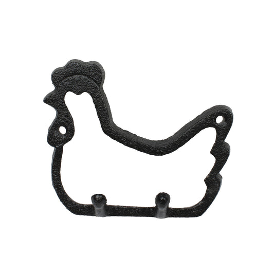 Small Cast Iron Chicken Double Wall Hook Key Hanger Country Farm Decor Black