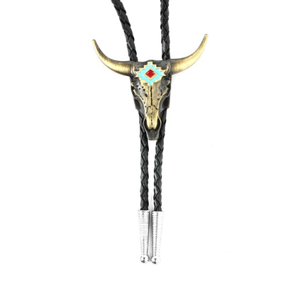 Brass Western Longhorn Skull Bolo Tie Turquoise Enamel 36 inch Cord Made in USA