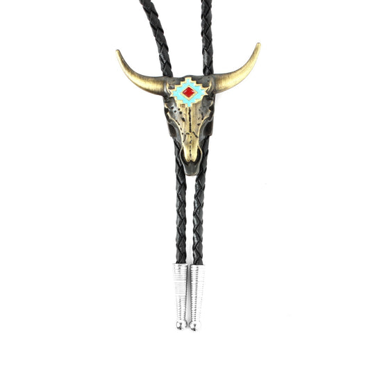 Brass Western Longhorn Skull Bolo Tie Turquoise Enamel 36 inch Cord Made in USA