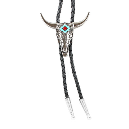 Silver Western Longhorn Skull Bolo Tie Turquoise Enamel 36 inch Cord Made in USA
