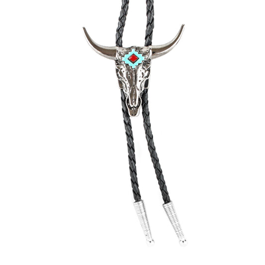Silver Western Longhorn Skull Bolo Tie Turquoise Enamel 36 inch Cord Made in USA