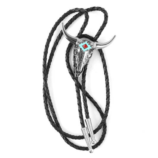 Silver Western Longhorn Skull Bolo Tie Turquoise Enamel 36 inch Cord Made in USA