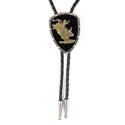 Cowboy Rodeo Bull Western Bolo Tie Silver & Gold Black Enamel 36 inch Black Cord