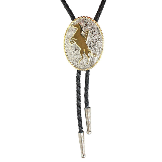 Floral Western Cowboy Bucking Horse Bolo Tie Silver & Gold 36 in Black Cord