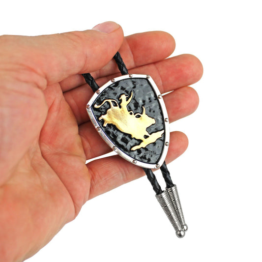 Cowboy Rodeo Bull Western Bolo Tie Silver & Gold Black Enamel 36 inch Black Cord