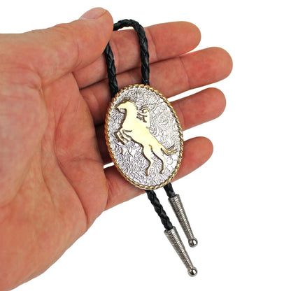 Floral Western Cowboy Bucking Horse Bolo Tie Silver & Gold 36 in Black Cord