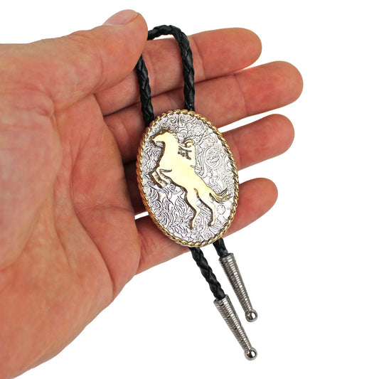 Floral Western Cowboy Bucking Horse Bolo Tie Silver & Gold 36 in Black Cord