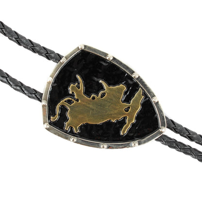 Cowboy Rodeo Bull Western Bolo Tie Silver & Gold Black Enamel 36 inch Black Cord
