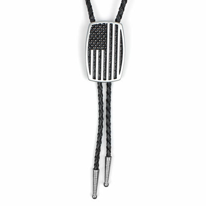 Silver Brushed Aluminum USA American Flag Bolo Tie 36 inch Black Braided Cord