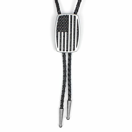 Silver Brushed Aluminum USA American Flag Bolo Tie 36 inch Black Braided Cord