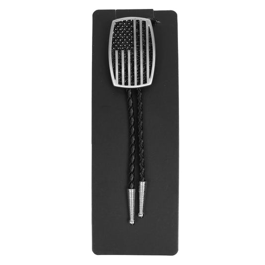 Silver Brushed Aluminum USA American Flag Bolo Tie 36 inch Black Braided Cord