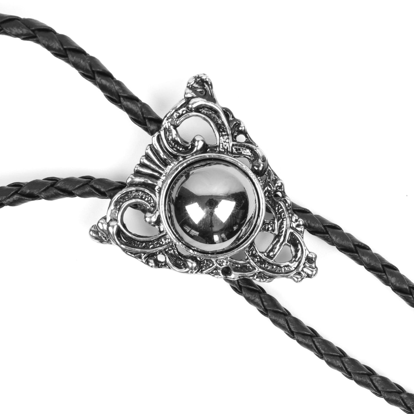 Silver Arrowhead Bolo Tie With Polished Center Sphere 36 in Black Braided Cord