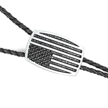 Silver Brushed Aluminum USA American Flag Bolo Tie 36 inch Black Braided Cord