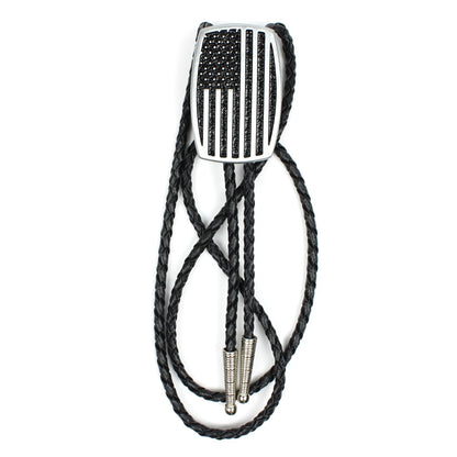 Silver Brushed Aluminum USA American Flag Bolo Tie 36 inch Black Braided Cord