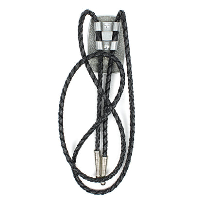 Silver Brushed Aluminum USA American Flag Bolo Tie 36 inch Black Braided Cord