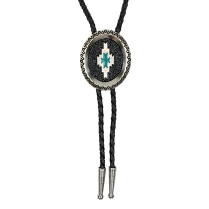 Oval Aztec Satin Silver Bolo Tie Turquoise Enamel 36 inch Black Braided Cord