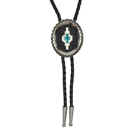 Oval Aztec Satin Silver Bolo Tie Turquoise Enamel 36 inch Black Braided Cord