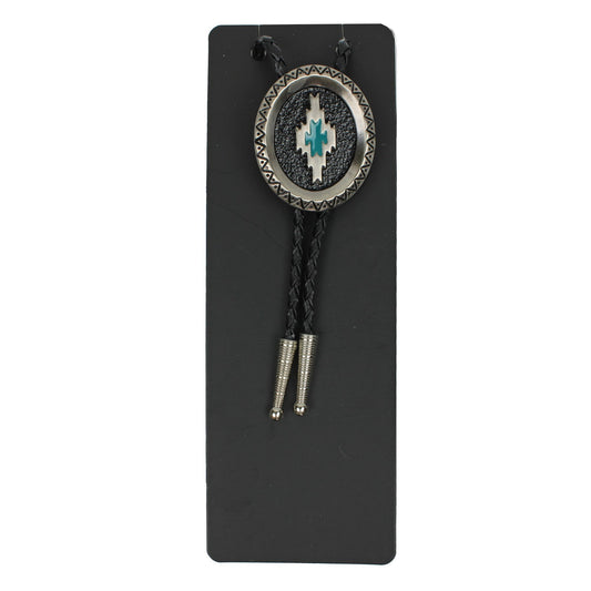 Oval Aztec Satin Silver Bolo Tie Turquoise Enamel 36 inch Black Braided Cord