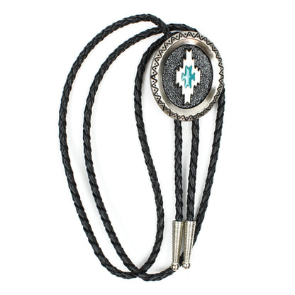 Oval Aztec Satin Silver Bolo Tie Turquoise Enamel 36 inch Black Braided Cord