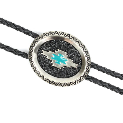 Oval Aztec Satin Silver Bolo Tie Turquoise Enamel 36 inch Black Braided Cord