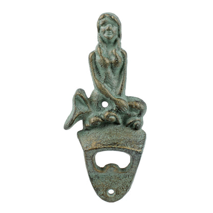 Verdigris Cast Iron Mermaid Beer Bottle Opener Wall Mounted Nautical Bar Decor