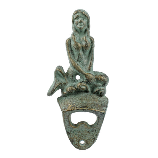 Verdigris Cast Iron Mermaid Beer Bottle Opener Wall Mounted Nautical Bar Decor
