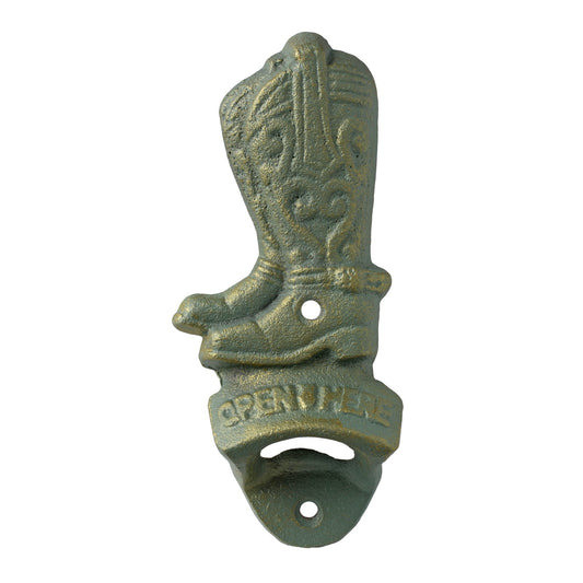 Cast Iron Cowboy Boots Bar Open Here Beer Bottle Opener Wall Mounted Verdigris