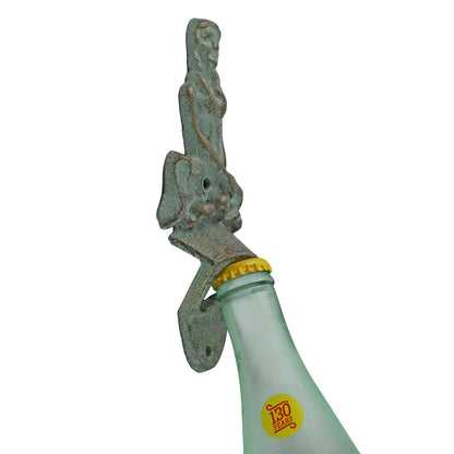 Verdigris Cast Iron Mermaid Beer Bottle Opener Wall Mounted Nautical Bar Decor