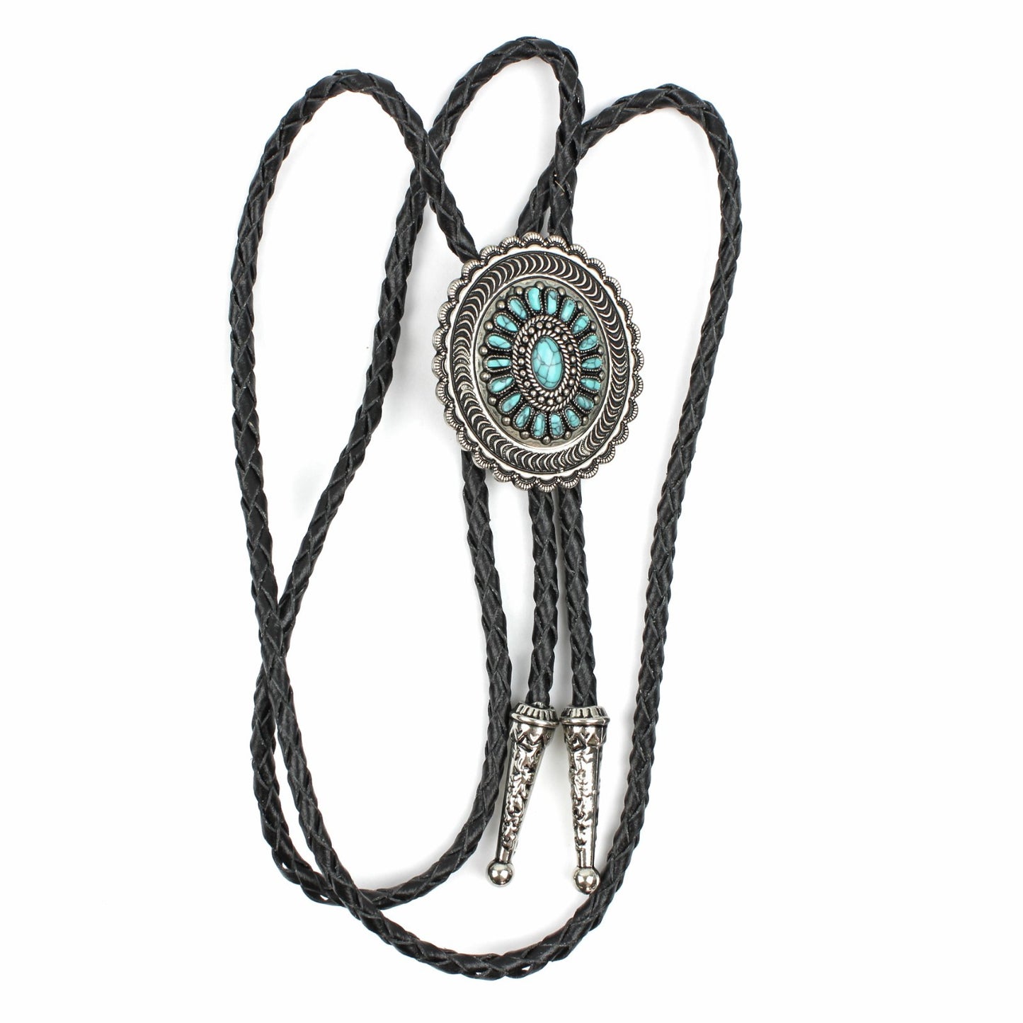 Oval Turquoise Stones Inlay Bolo Tie Antique Silver 40 inch Black Leather Cord