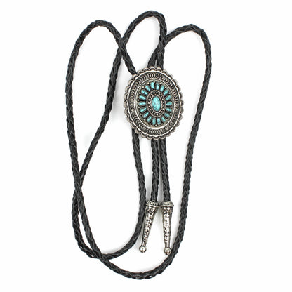 Oval Turquoise Stones Inlay Bolo Tie Antique Silver 40 inch Black Leather Cord