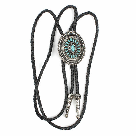 Oval Turquoise Stones Inlay Bolo Tie Antique Silver 40 inch Black Leather Cord