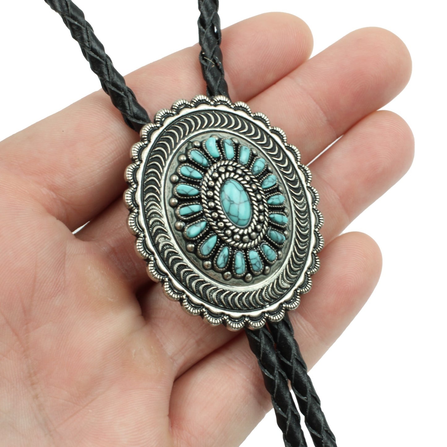 Oval Turquoise Stones Inlay Bolo Tie Antique Silver 40 inch Black Leather Cord
