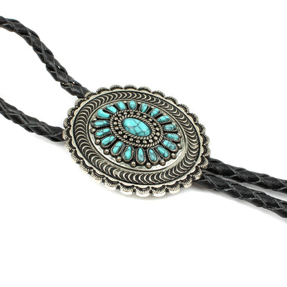 Oval Turquoise Stones Inlay Bolo Tie Antique Silver 40 inch Black Leather Cord