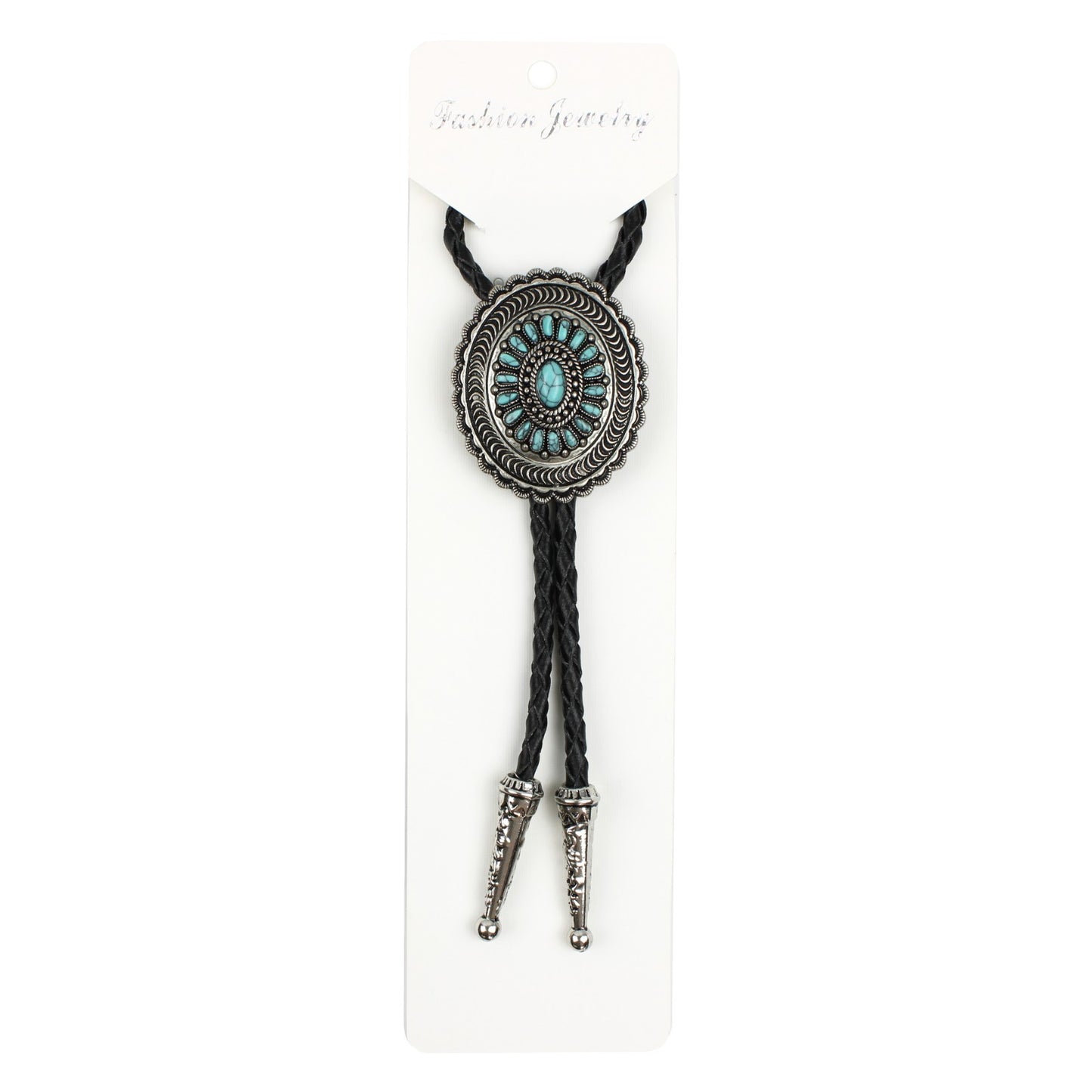 Oval Turquoise Stones Inlay Bolo Tie Antique Silver 40 inch Black Leather Cord