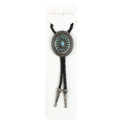 Oval Turquoise Stones Inlay Bolo Tie Antique Silver 40 inch Black Leather Cord