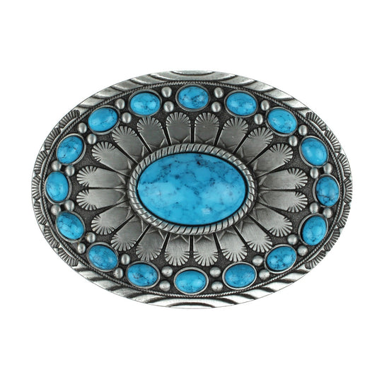 Oval Southwestern Turquoise Beads Belt Buckle Antique Silver Fits 1.5 inch Belts