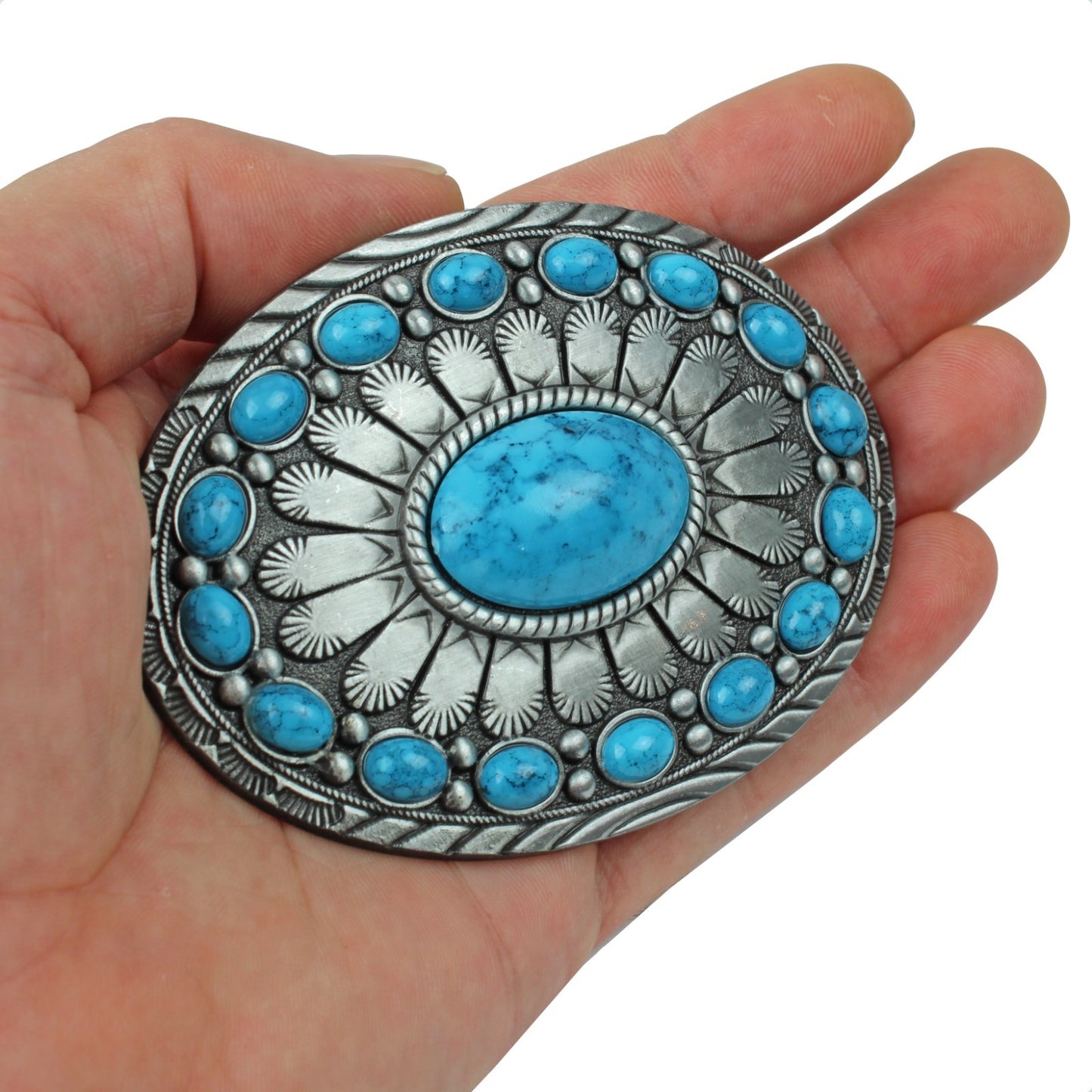 Oval Southwestern Turquoise Beads Belt Buckle Antique Silver Fits 1.5 inch Belts