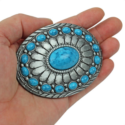 Oval Southwestern Turquoise Beads Belt Buckle Antique Silver Fits 1.5 inch Belts