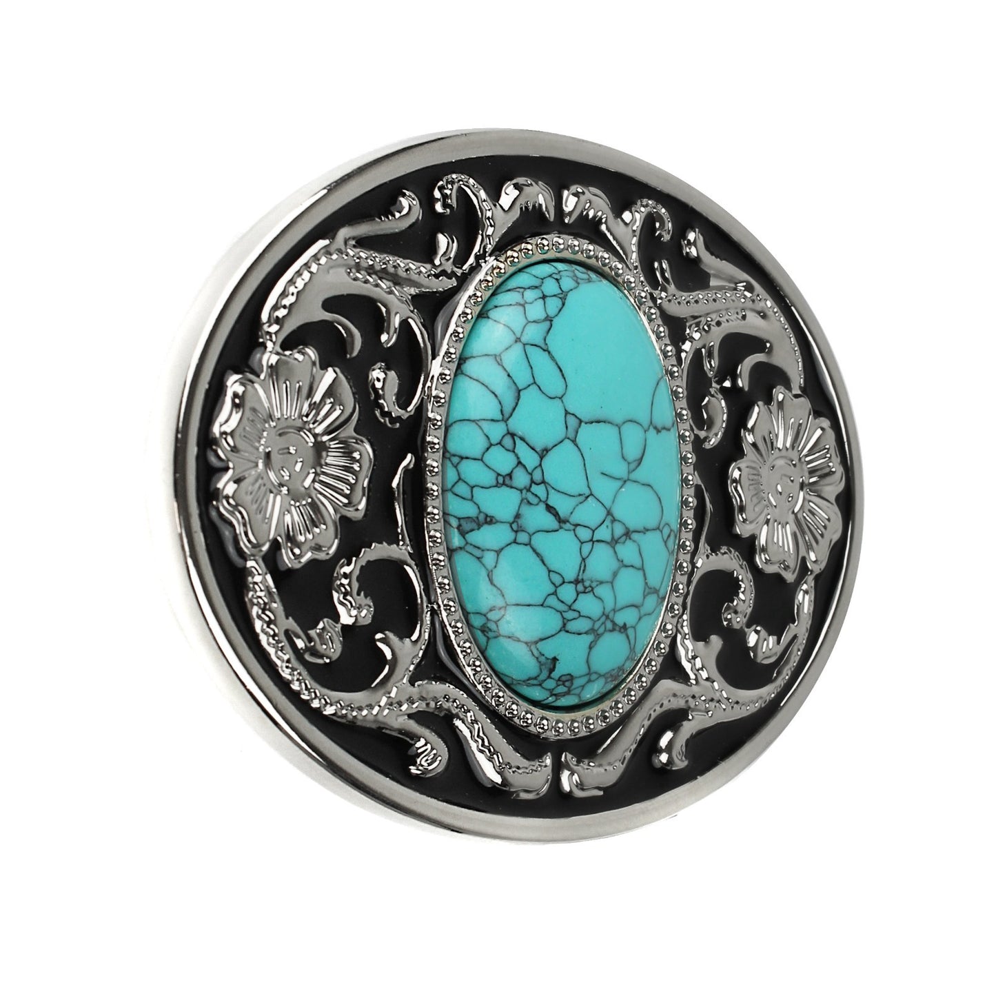 Southwestern Oval Turquoise Floral Belt Buckle Silver Tone With Black Enamel