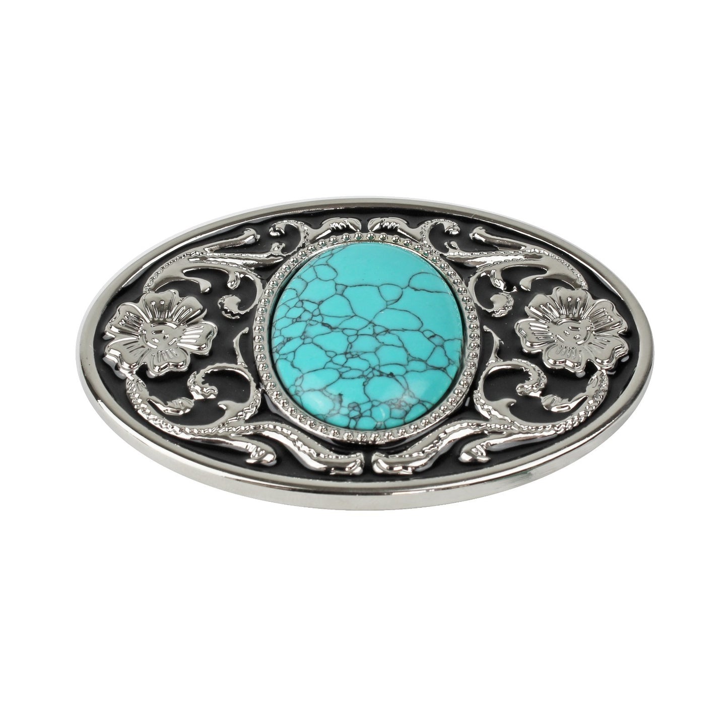 Southwestern Oval Turquoise Floral Belt Buckle Silver Tone With Black Enamel