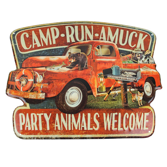 Large Party Animals Welcome Truck Metal Sign Camp Run Amuck Rustic 22 x 18 in