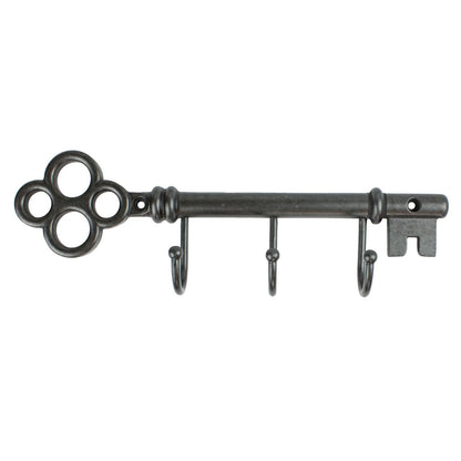 Metal Key Shaped Triple Wall Hook Rack Key Hanger Brushed Silver Black 9 inch