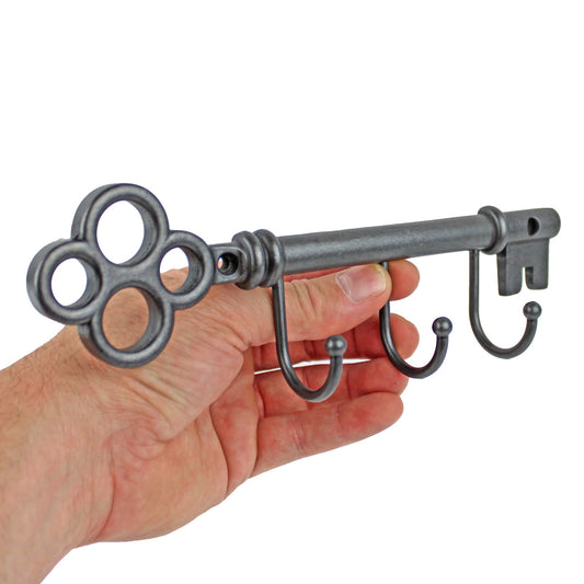 Metal Key Shaped Triple Wall Hook Rack Key Hanger Brushed Silver Black 9 inch
