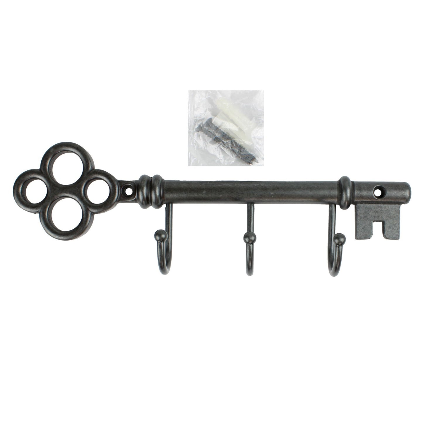 Metal Key Shaped Triple Wall Hook Rack Key Hanger Brushed Silver Black 9 inch
