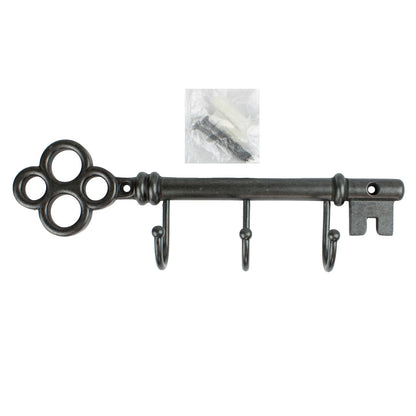 Metal Key Shaped Triple Wall Hook Rack Key Hanger Brushed Silver Black 9 inch