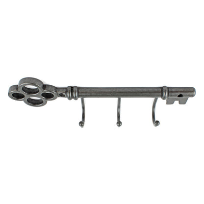 Metal Key Shaped Triple Wall Hook Rack Key Hanger Brushed Silver Black 9 inch