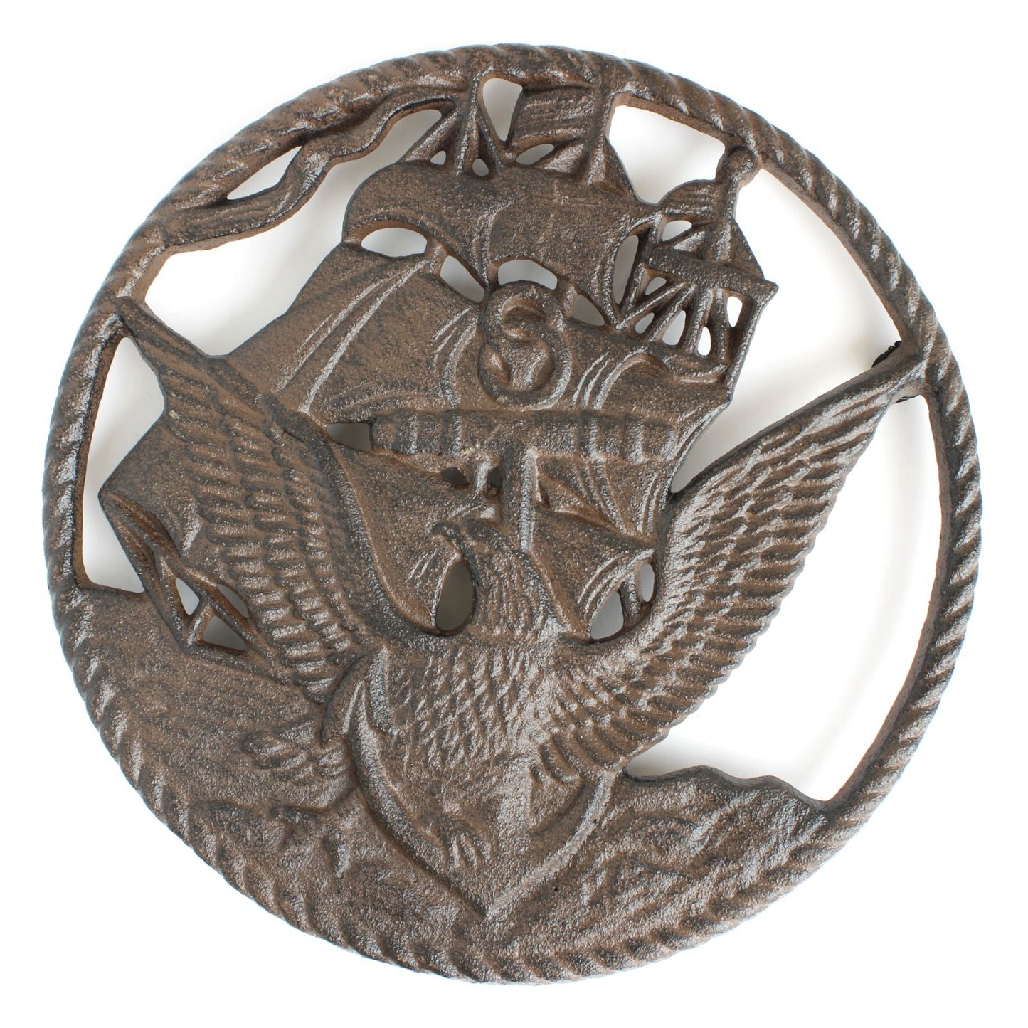 Rustic Cast Iron Navy Ship Eagle Military Round Trivet Hot Pot Holder 7.5 inch