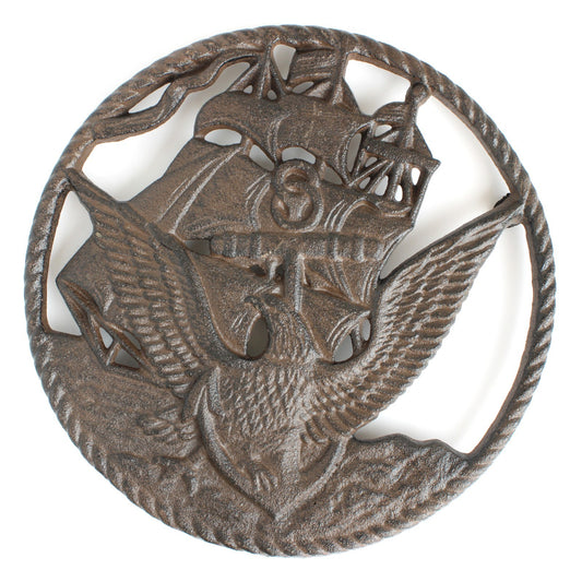 Rustic Cast Iron Navy Ship Eagle Military Round Trivet Hot Pot Holder 7.5 inch
