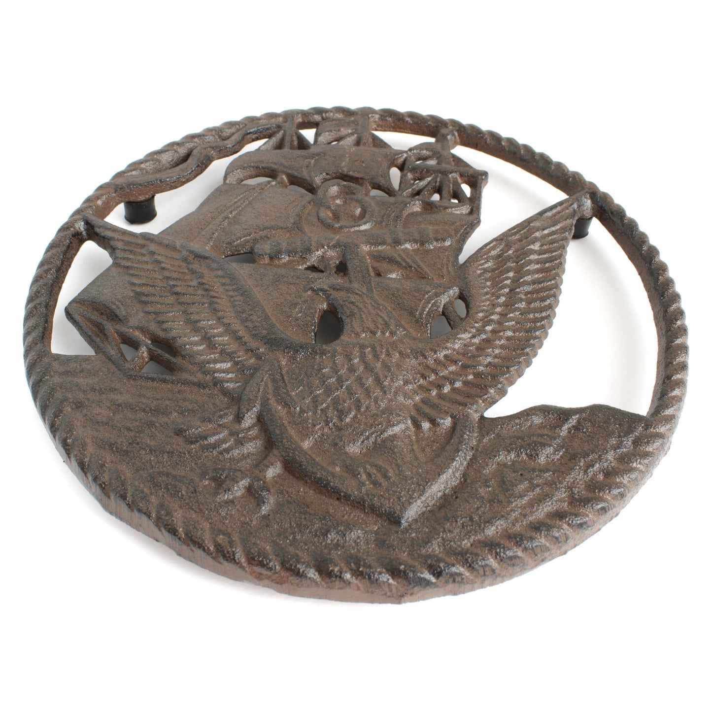 Rustic Cast Iron Navy Ship Eagle Military Round Trivet Hot Pot Holder 7.5 inch