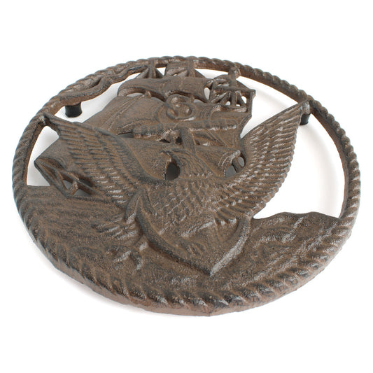 Rustic Cast Iron Navy Ship Eagle Military Round Trivet Hot Pot Holder 7.5 inch